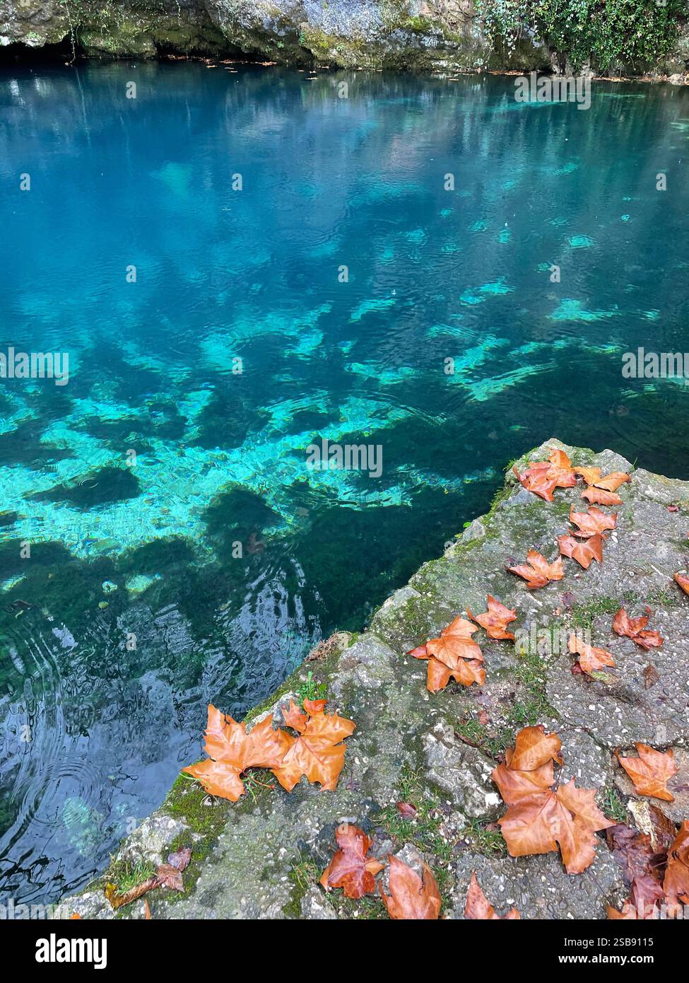 Polgenico, Italie. Vue sur les eaux bleues profondes du ruisseau Gorgazzo. - Image de stock capturée avec un smartphone