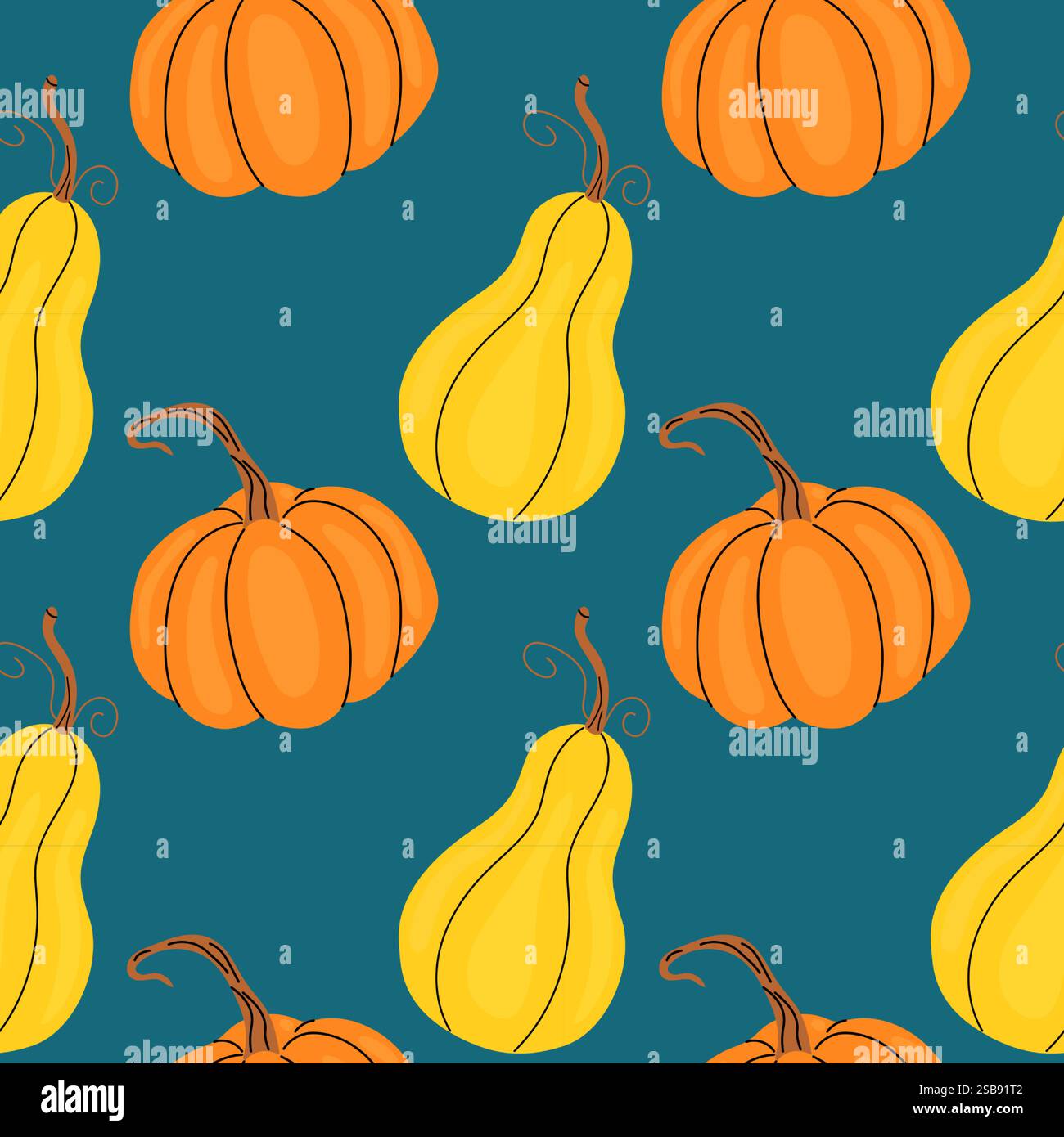 Motif coloré de citrouilles et de gourdes sur un fond bleu vif Illustration de Vecteur