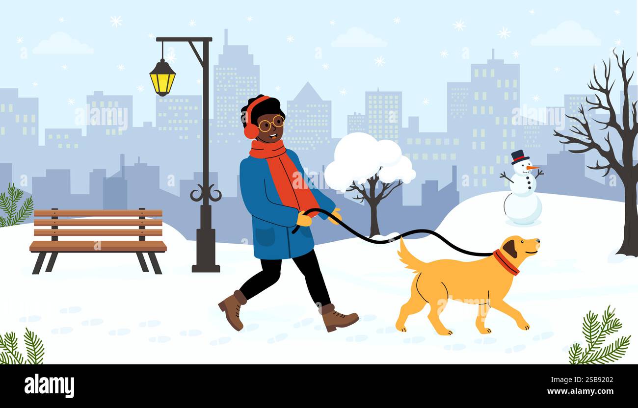 Profiter d'une promenade hivernale avec un chien dans un cadre de parc urbain enneigé Illustration de Vecteur