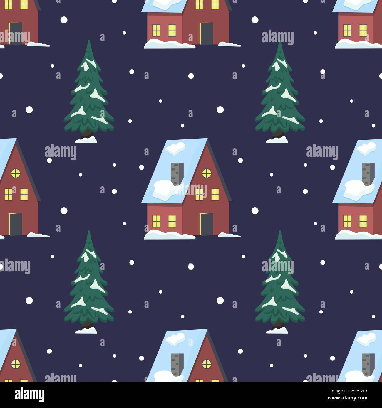 Scène nocturne d'hiver avec des maisons enneigées et des arbres à feuilles persistantes dans un paysage serein Illustration de Vecteur