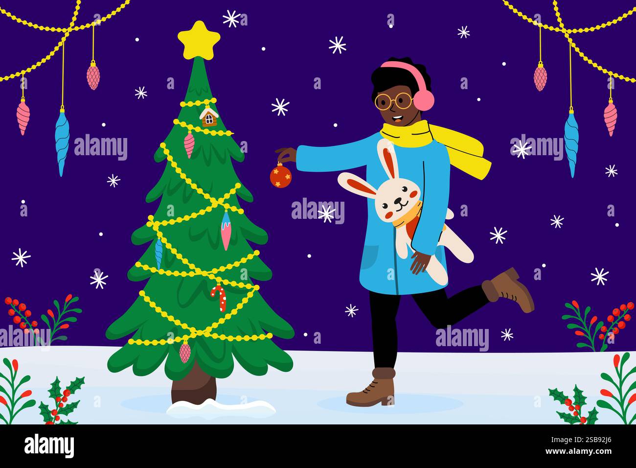 La personne décore l'arbre de Noël tout en tenant le lapin en peluche dans le cadre hivernal Illustration de Vecteur