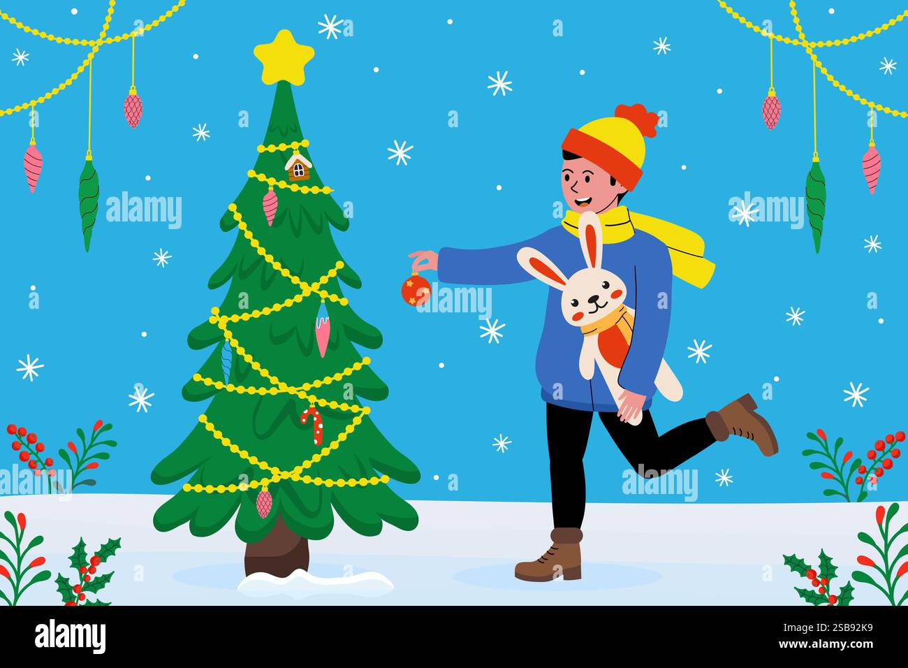 Enfant joyeux décorant l'arbre de Noël avec des ornements et tenant un lapin en peluche Illustration de Vecteur