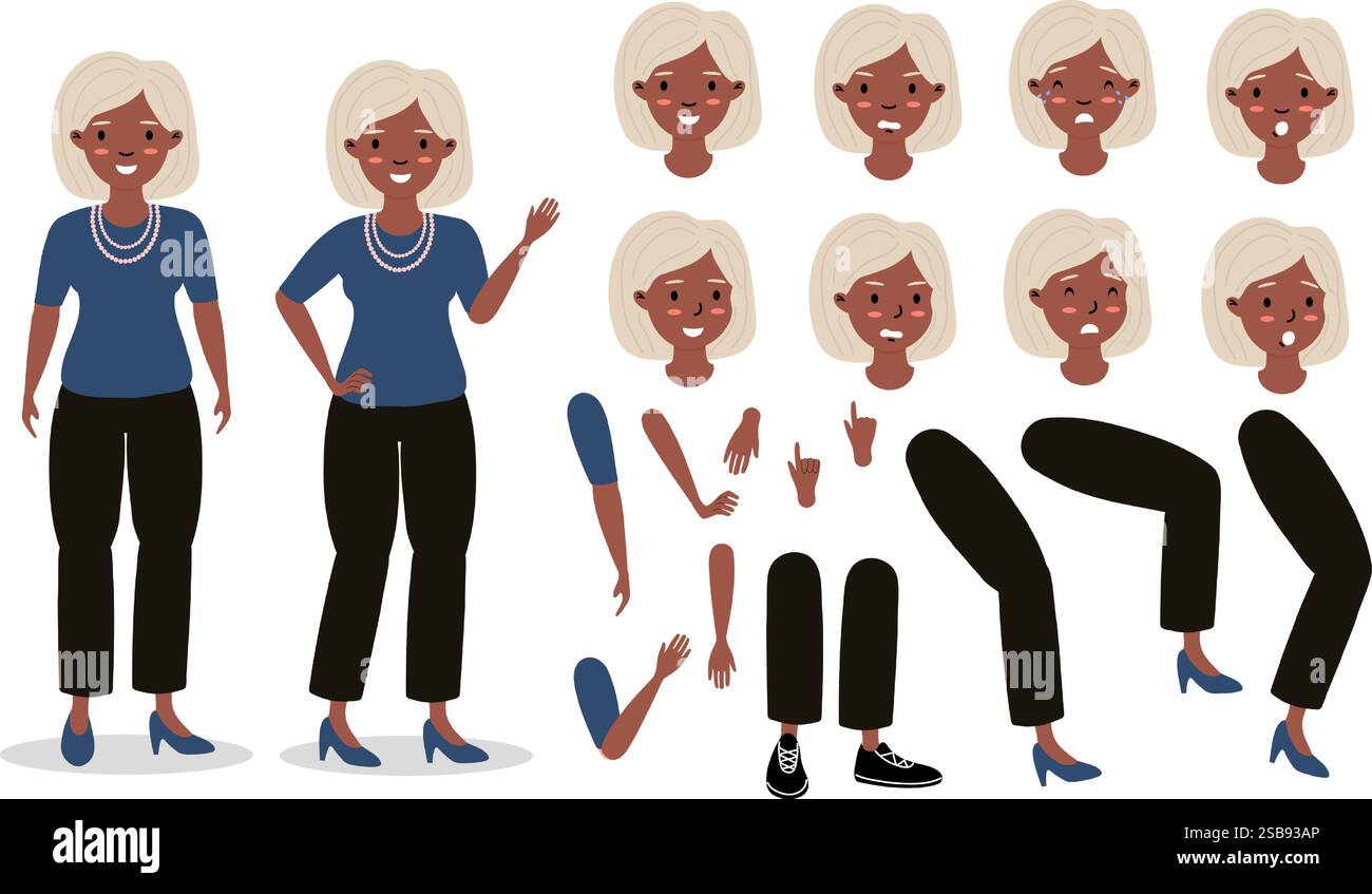 Motif personnage représentant une femme âgée joyeuse dans une tenue décontractée aux expressions multiples Illustration de Vecteur
