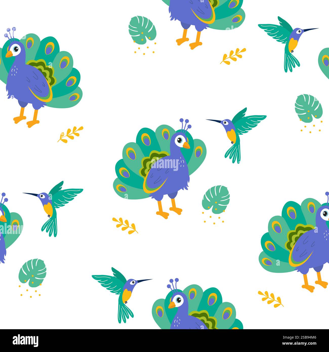 Illustration colorée de paons et colibris dans un motif naturel vibrant Illustration de Vecteur