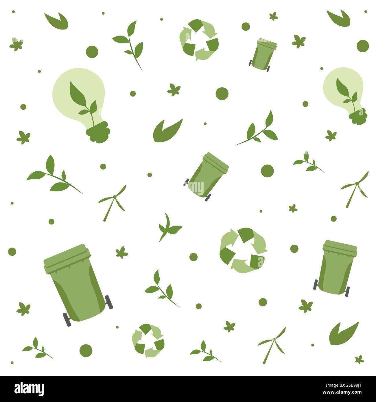 Motif présentant des symboles de recyclage, des poubelles vertes et des plantes sur fond blanc Illustration de Vecteur