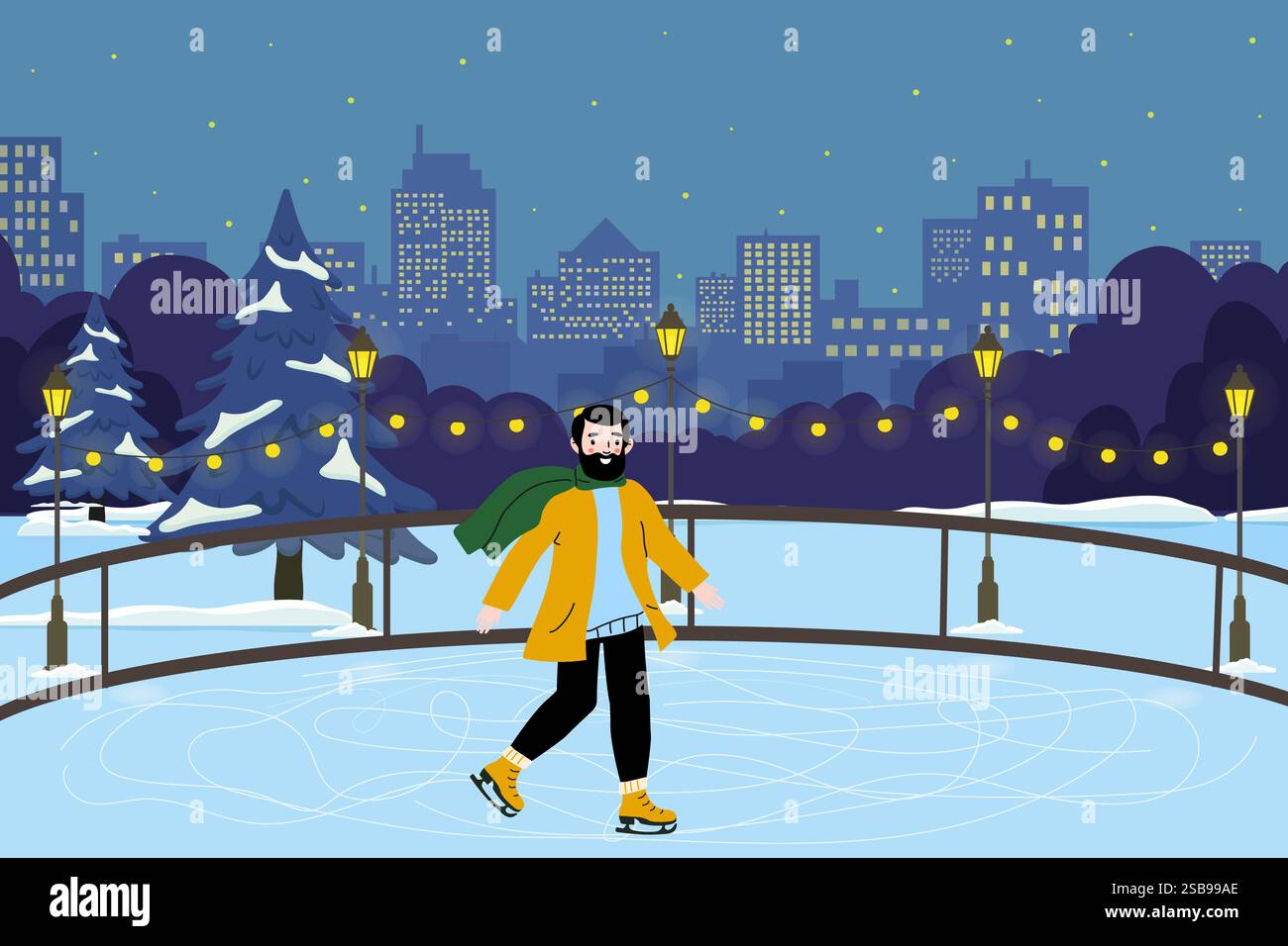 Un homme patinant gracieusement sur une patinoire extérieure dans un parc de la ville pendant une soirée d'hiver Illustration de Vecteur