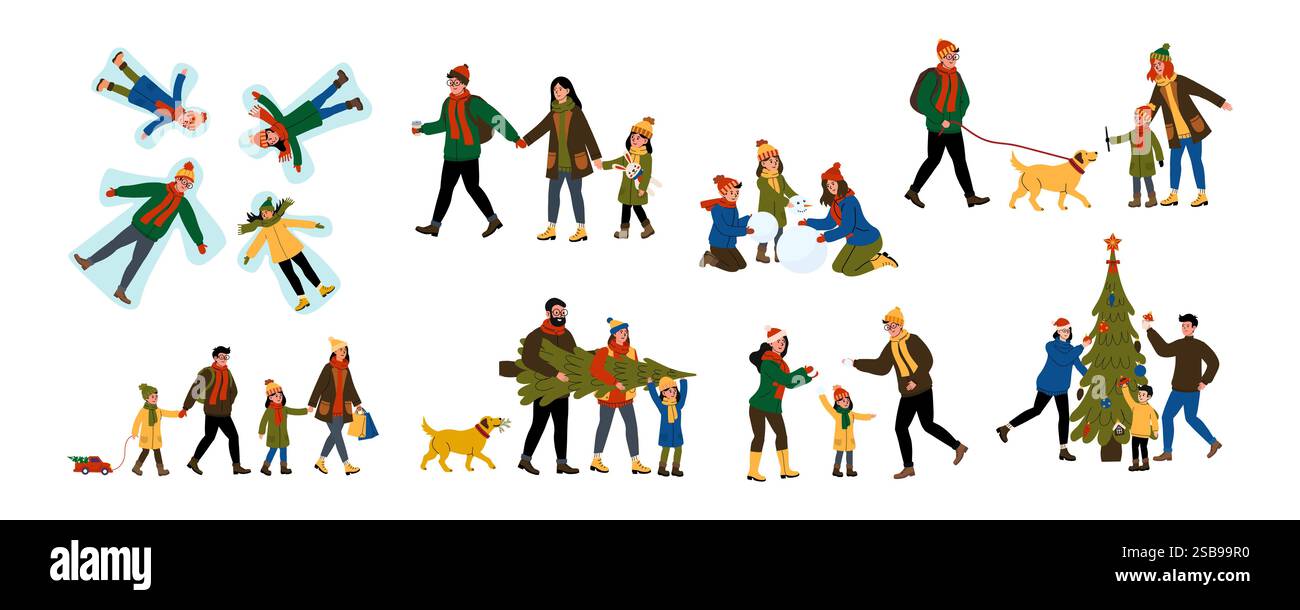 Familles profitant des activités hivernales ensemble, célébrant la joie de la saison des fêtes en plein air Illustration de Vecteur