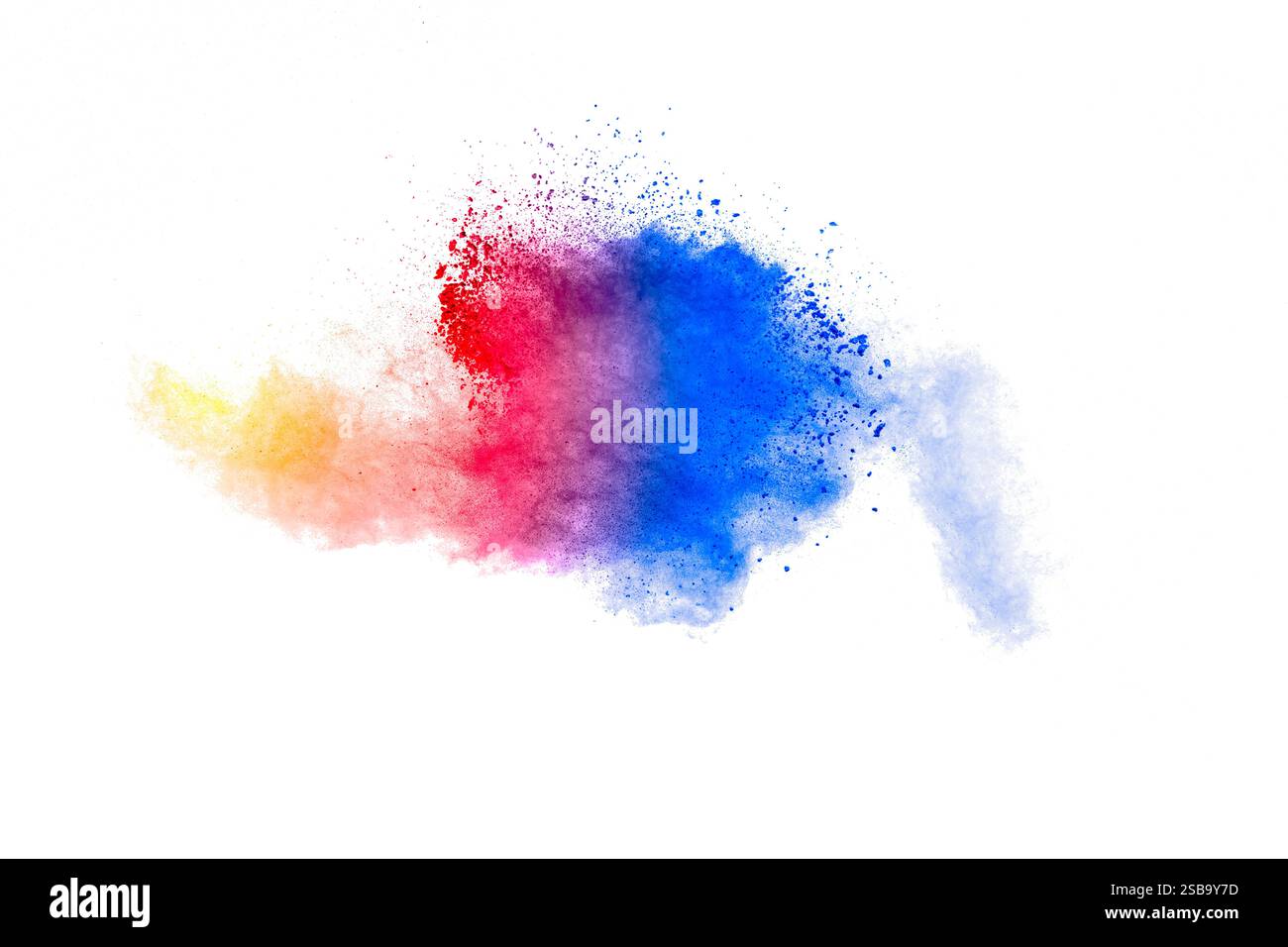 Explosion colorée de peinture est éclaboussée sur un fond blanc. Les couleurs sont vives et vibrantes. Banque D'Images