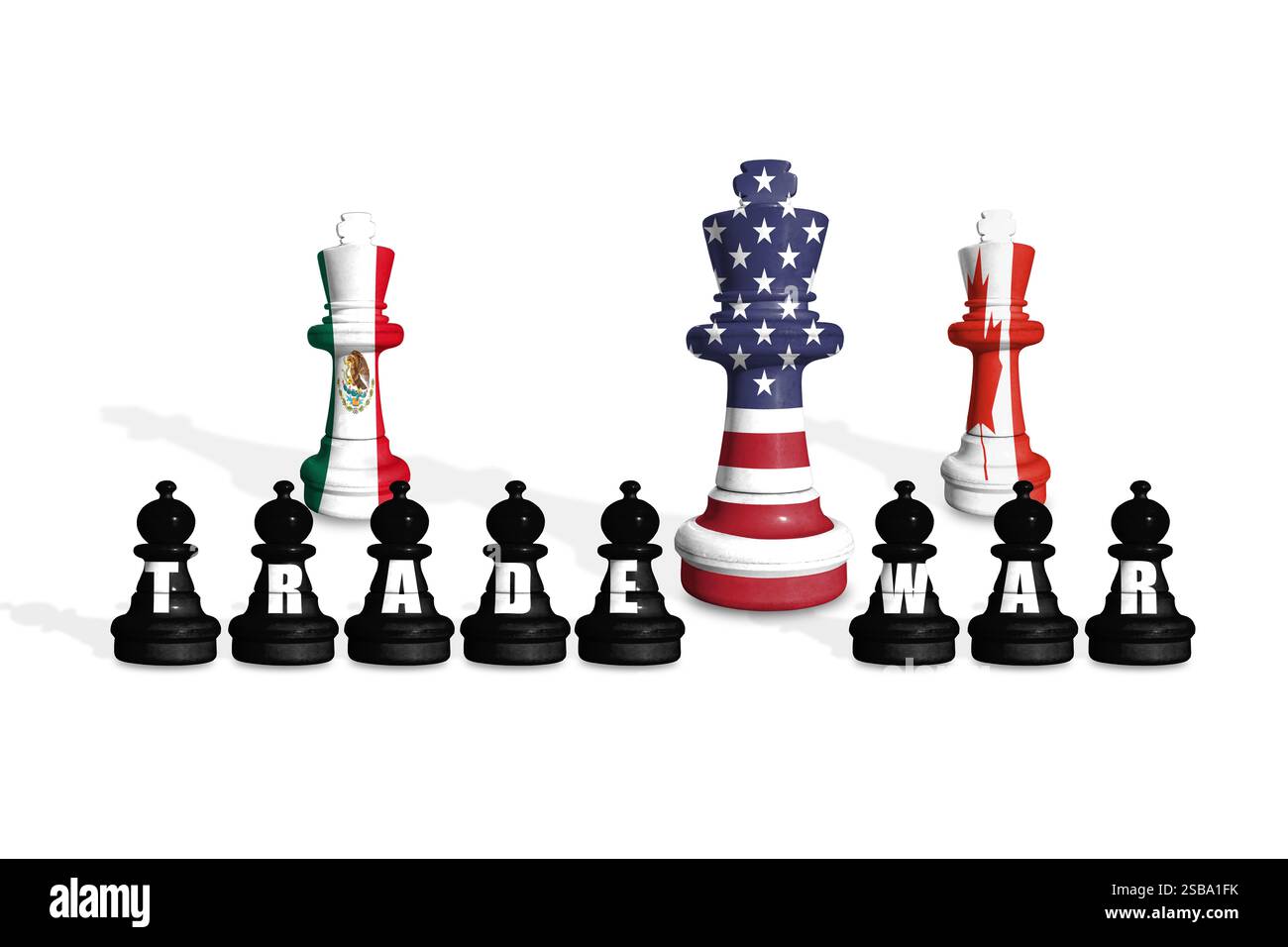 Échecs fabriqués à partir des États-Unis, du Mexique et du Canada et drapeaux sur fond blanc avec le mot GUERRE COMMERCIALE Banque D'Images