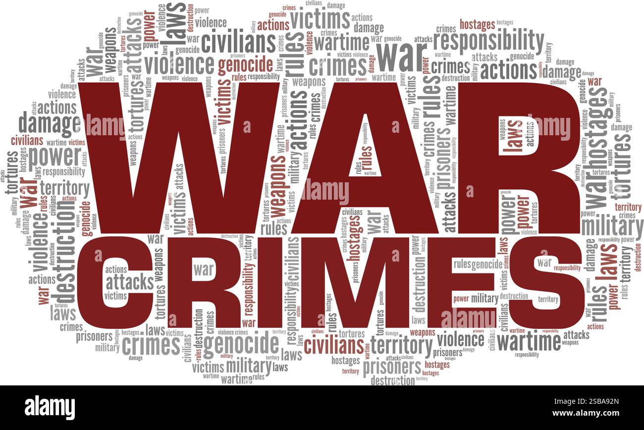 Conception conceptuelle de nuage de mots de crimes de guerre isolé sur fond blanc. Illustration de Vecteur
