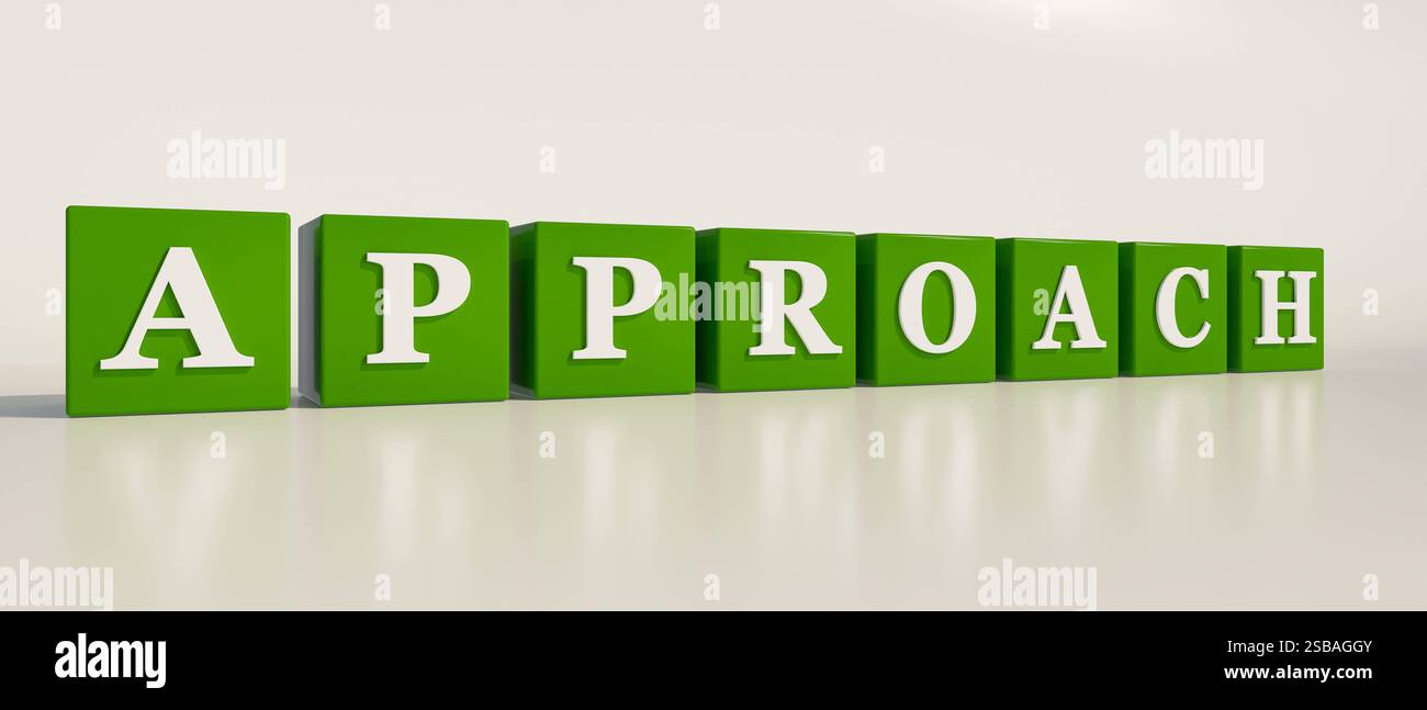 Approche approche, un seul mot. Dés verts avec des lettres blanches et le texte, approche. Méthode, stratégie, technique. Illustration 3D TEXT Word dice060  Banque D'Images