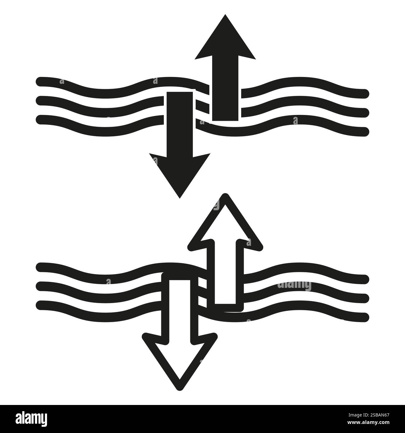 Icône de flèche d'eau. Débit ascendant/descendant. Symbole d'onde noire. Forme de direction vectorielle. Illustration de Vecteur