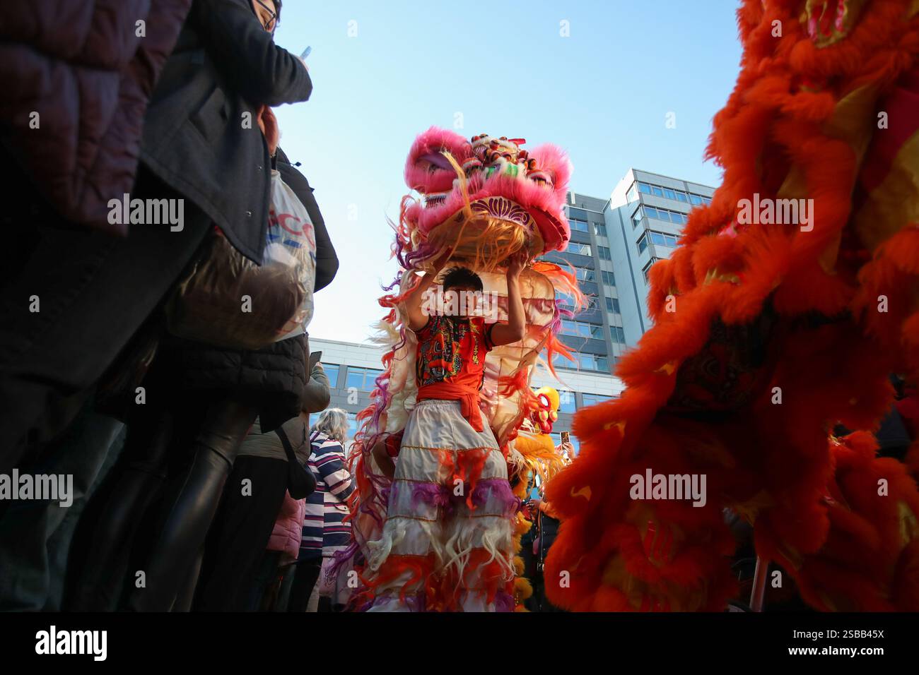 Birmingham, Royaume-Uni. 2 février 2025. La communauté chinoise de Birmingham célèbre le nouvel an de façon traditionnelle avec une danse du lion dans le quartier chinois de la ville. Crédit : Peter Lopeman/Alamy Live News Banque D'Images