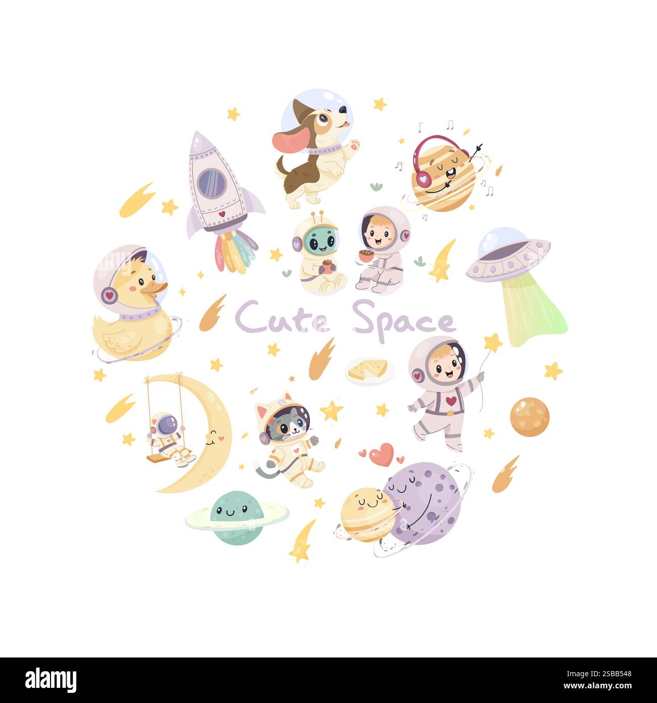 Un ensemble d'illustrations d'espace mignonnes. Astronautes, fusée, chat et chien mignon, canard, extraterrestre et planètes. Impression, sublimation Illustration de Vecteur