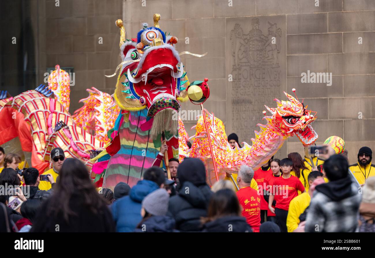 Parade du nouvel an chinois 2025 Manchester. Le défilé du nouvel an chinois 2025 à Manchester est une célébration vibrante de la culture, marquant l'année du serpent. Avec la population chinoise importante du Grand Manchester d'environ 25 000. Le défilé annuel quitta la mairie à midi et déboucha sur la place Saint-Pierre avec le traditionnel lion et le dragon. La destination finale était China Town dans le centre-ville. Photo : Garyroberts/worldwidefeatures.com crédit : GaryRobertsphotography/Alamy Live News Banque D'Images