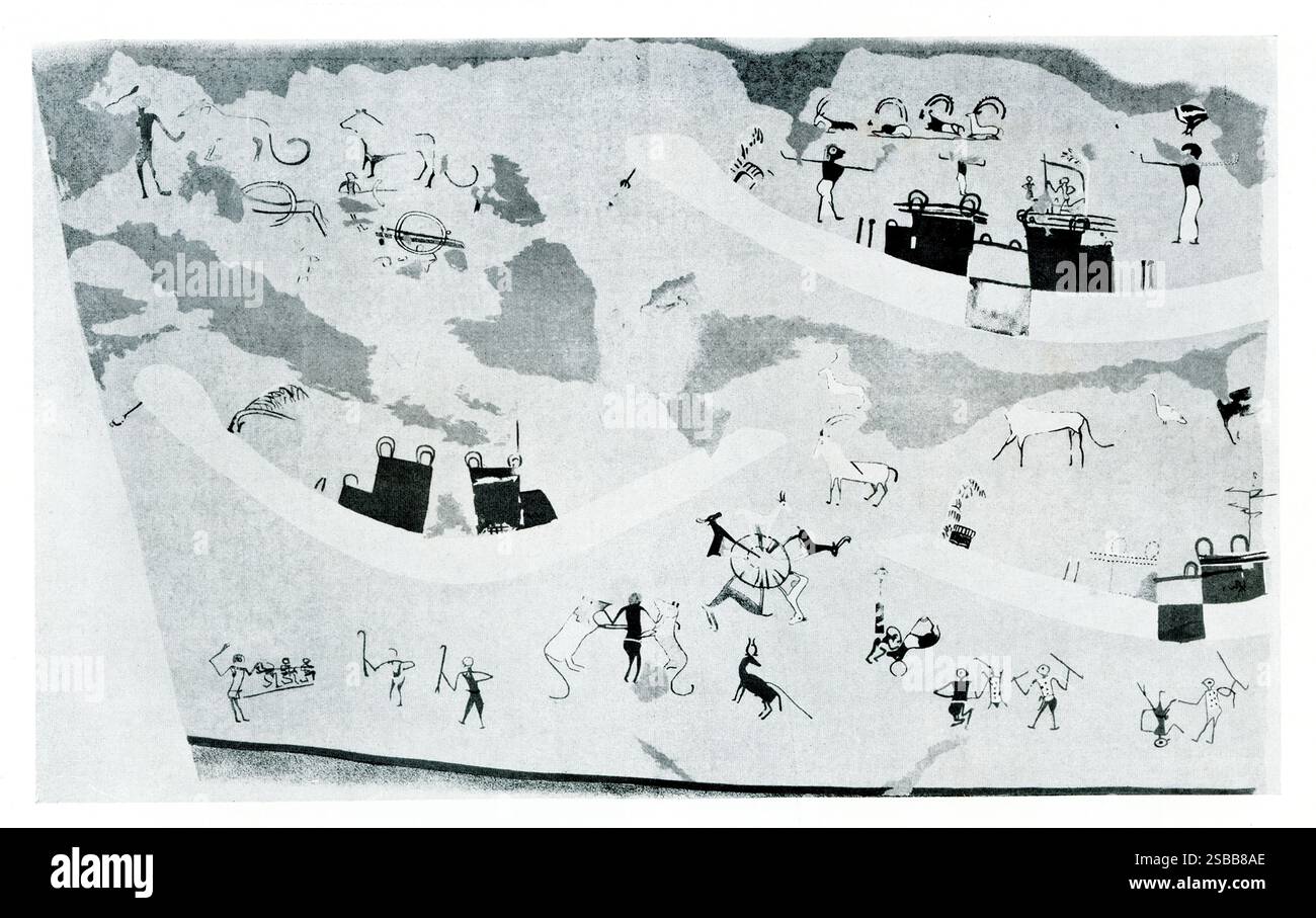 Ici, dans cette édition de 1925 est une section d'un mur de tombeau peint à Kom-el-ahmar, également connu sous le nom de Nekhen. Les Grecs l'appelaient Hierakonpolis et il se trouve de l'autre côté du Nil (la rive ouest). Hierakonpolis était la résidence royale préhistorique des rois de haute-Égypte et le site le plus important du début de la période historique égyptienne. Les preuves indiquent une présence royale à Hierakonpolis (Nekhen), qui a connu sa période de plus grande importance d'environ 3400 av. J.-C. au début de l'ancien Empire (environ 2575). Banque D'Images