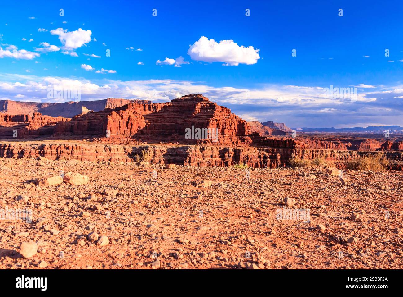 Un paysage désertique avec une grande formation rocheuse en arrière-plan. Le ciel est clair et bleu, et le soleil brille. La scène est paisible an Banque D'Images