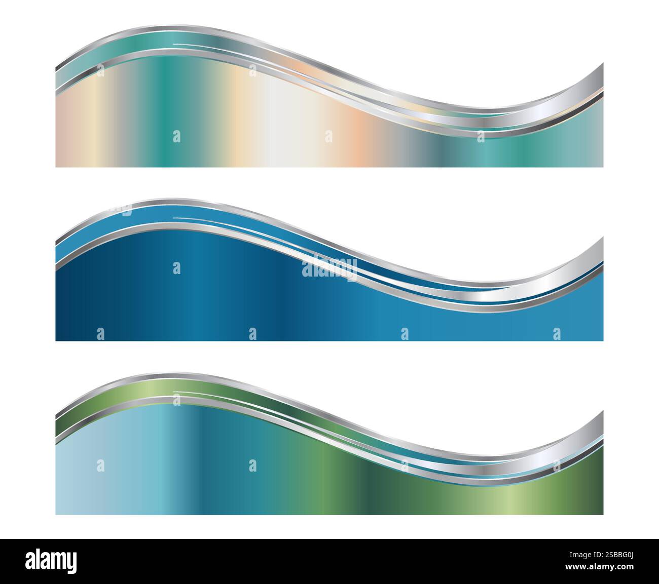 Modèle de séparateur d'en-tête 3D bleu vert, ensemble de pied de page séparateur avec vagues argentées Illustration de Vecteur