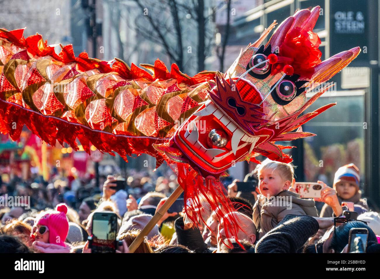 Londres, Royaume-Uni. 2 février 2025. Le LCCA organise le défilé du nouvel an chinois 2025 et les célébrations de l'année du serpent. Des danseurs de lion, des dragons et d'autres paroissiens entourent Chinatown, suivis par des représentations à Trafalgar Square. Tous espèrent apporter bonne chance pour la nouvelle année. Crédit : Guy Bell/Alamy Live News Banque D'Images