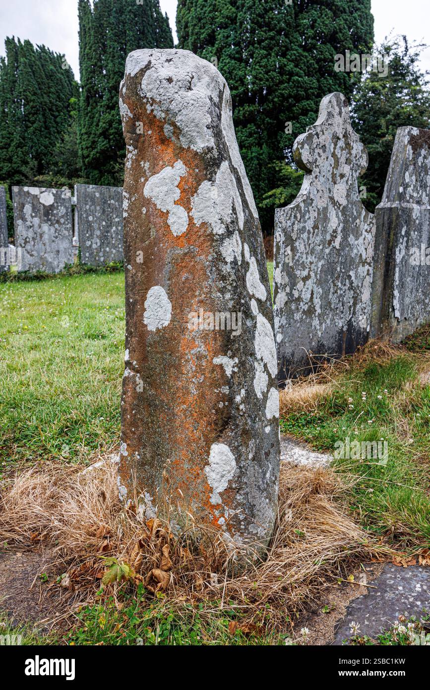 Pierre d'Ogham gravée avec Ogham, texte latin et romano britannique, église de St Llawdfdog, Cilgerran, pays de Galles, Royaume-Uni Banque D'Images