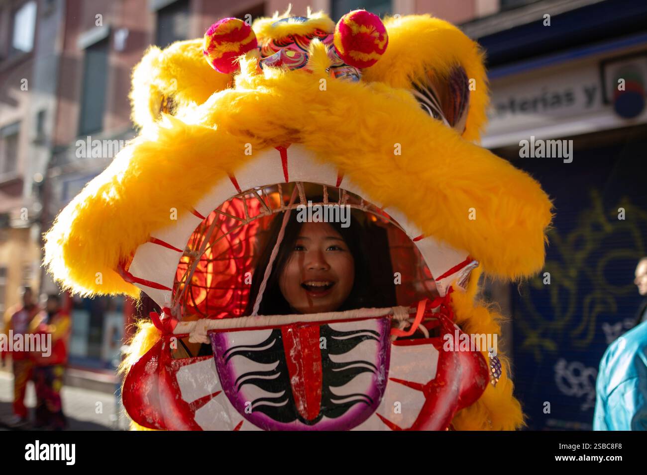 Madrid, Espagne. 02 février 2025. Une femme en costume de dragon est vue lors d'un défilé célébrant le nouvel an du serpent en bois. Pour la dixième année consécutive, Madrid a célébré le nouvel an chinois, l'année du serpent en bois, avec un grand défilé et des activités dans le quartier UserA, Chinatown de Madrid. Crédit : SOPA images Limited/Alamy Live News Banque D'Images