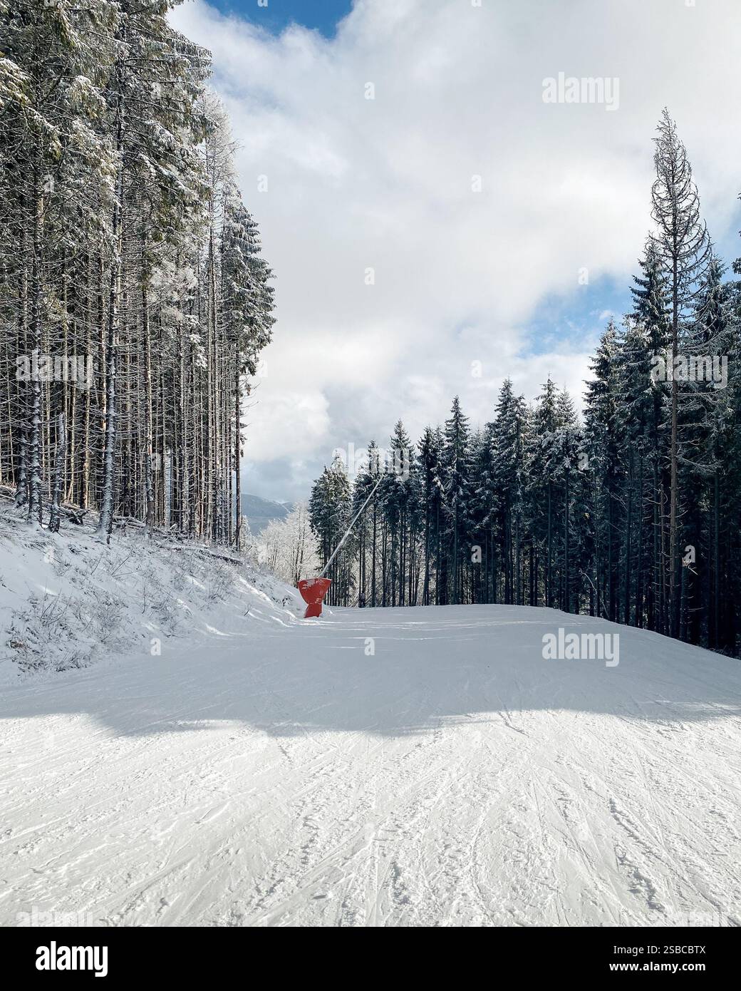 Piste de ski dans les montagnes par une journée ensoleillée d'hiver. Piste de ski vide à la station de ski dans la chaîne de montagnes de Gorgany. Banque D'Images