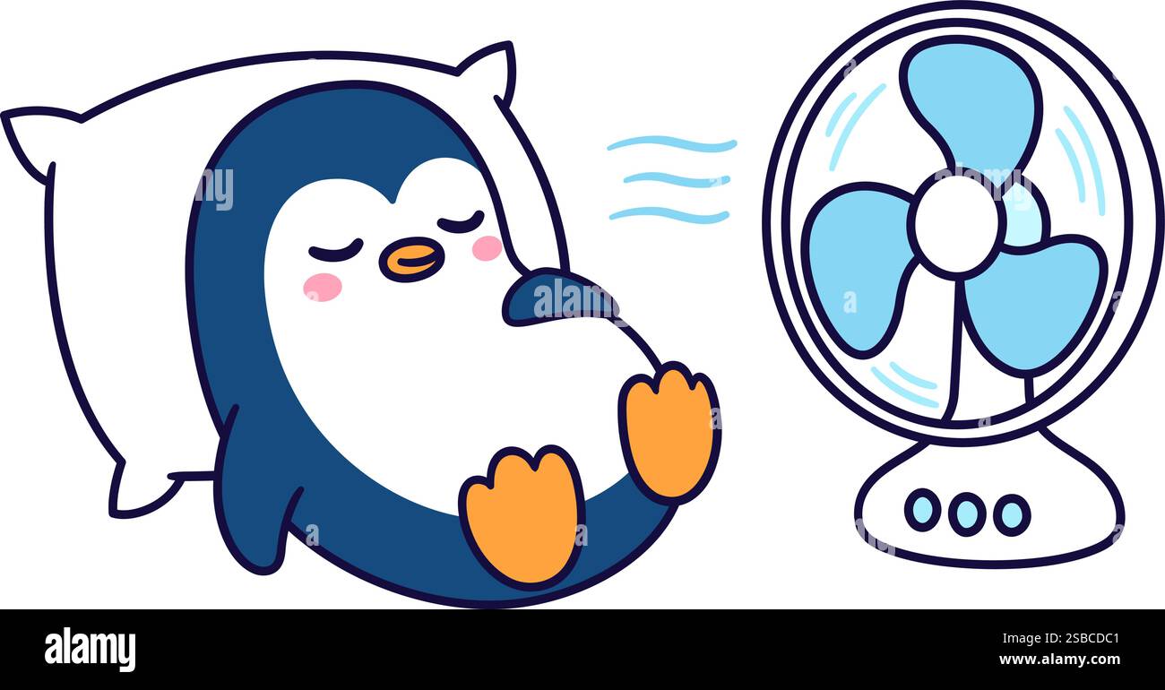 Pingouin de dessin animé mignon dormant avec ventilateur électrique, se rafraîchissant dans la chaleur estivale. Illustration clip art vectorielle. Illustration de Vecteur
