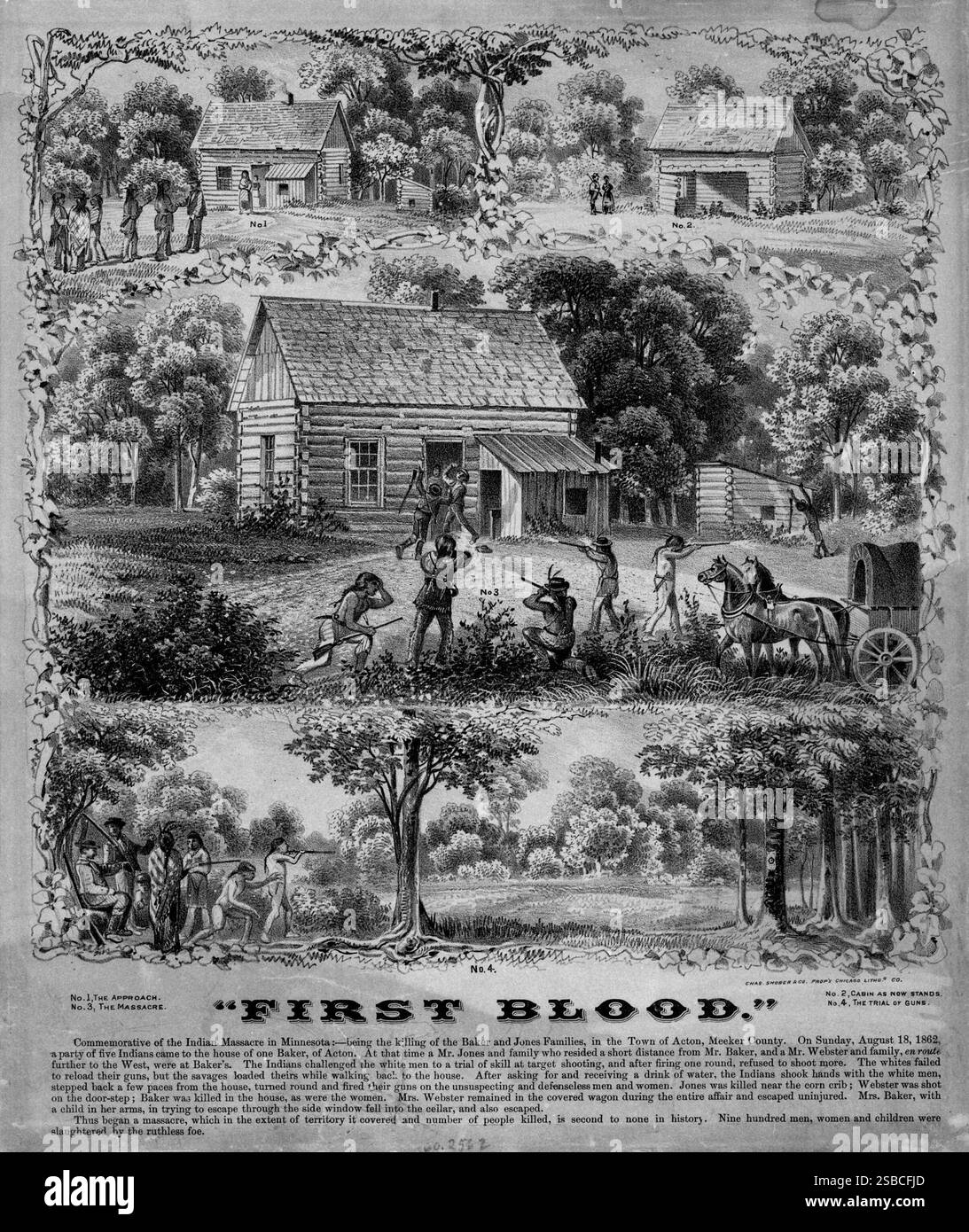Tirage noir et blanc ; quatre scènes représentant des Indiens tuant les familles Baker et Jones dans la ville d'Acton, Minnesota, le 18 août 1862. Les scènes sont étiquetées : 'No.1, l'approche.';' No.2, cabine telle qu'elle se présente maintenant.';'No.3, le massacre.';'No.4, le procès des armes.' Banque D'Images