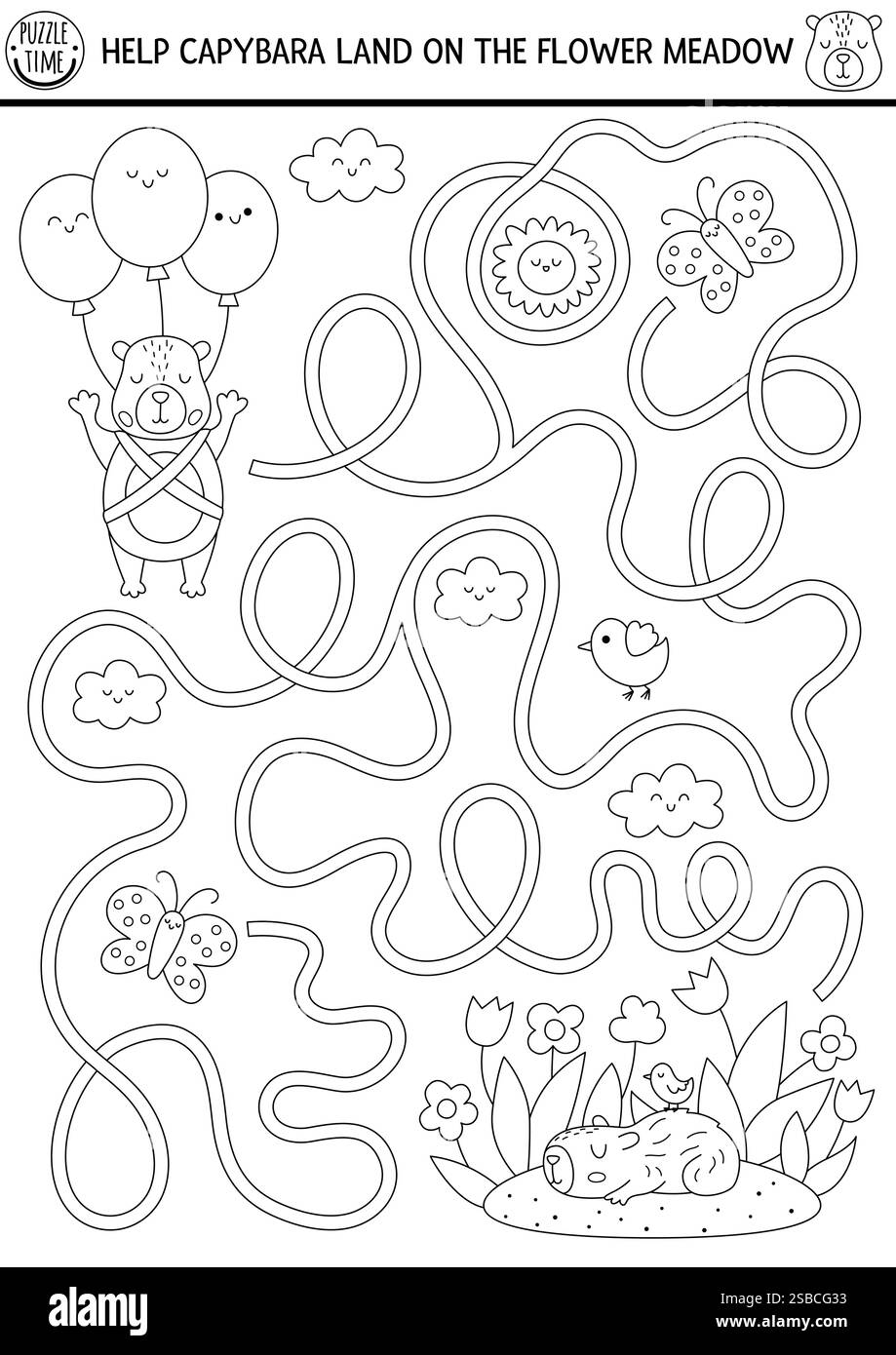 Labyrinthe noir et blanc pour les enfants avec capybara volant sur des ballons pour fleurir la prairie. Capibara activité imprimable préscolaire avec animal mignon. Labyrinthe Illustration de Vecteur