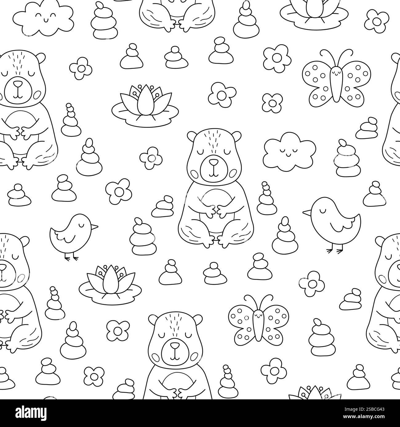 Vecteur noir et blanc capybara modèle sans couture. Mignon ligne capibara répéter fond avec jardin en pierre, nuages, fleurs, papillons. Drôle numérique Illustration de Vecteur