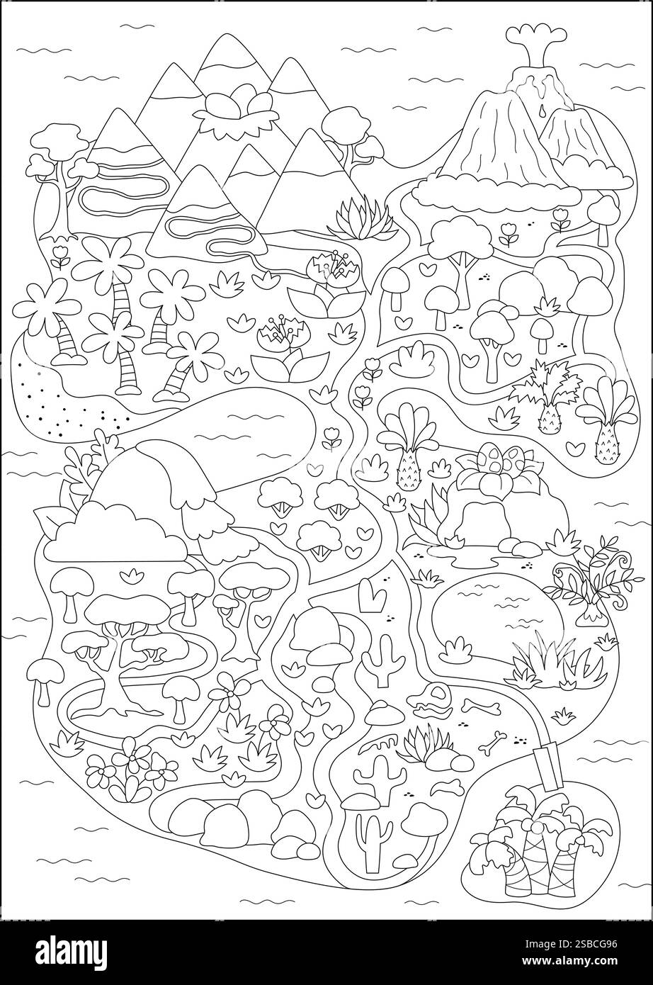 Vecteur noir et blanc vide carte du continent antique. Illustration de paysage de dinosaure. Paysage préhistorique, coloriage. Scène d'île détaillée avec PA Illustration de Vecteur