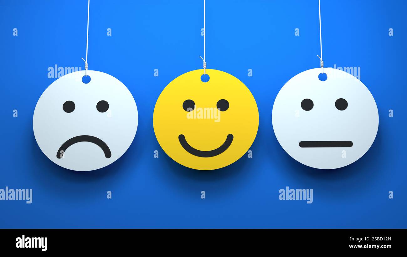Emojis d'émotion sur des bulles de discours suspendues. Concept de commentaires clients. Rendu 3D. Banque D'Images