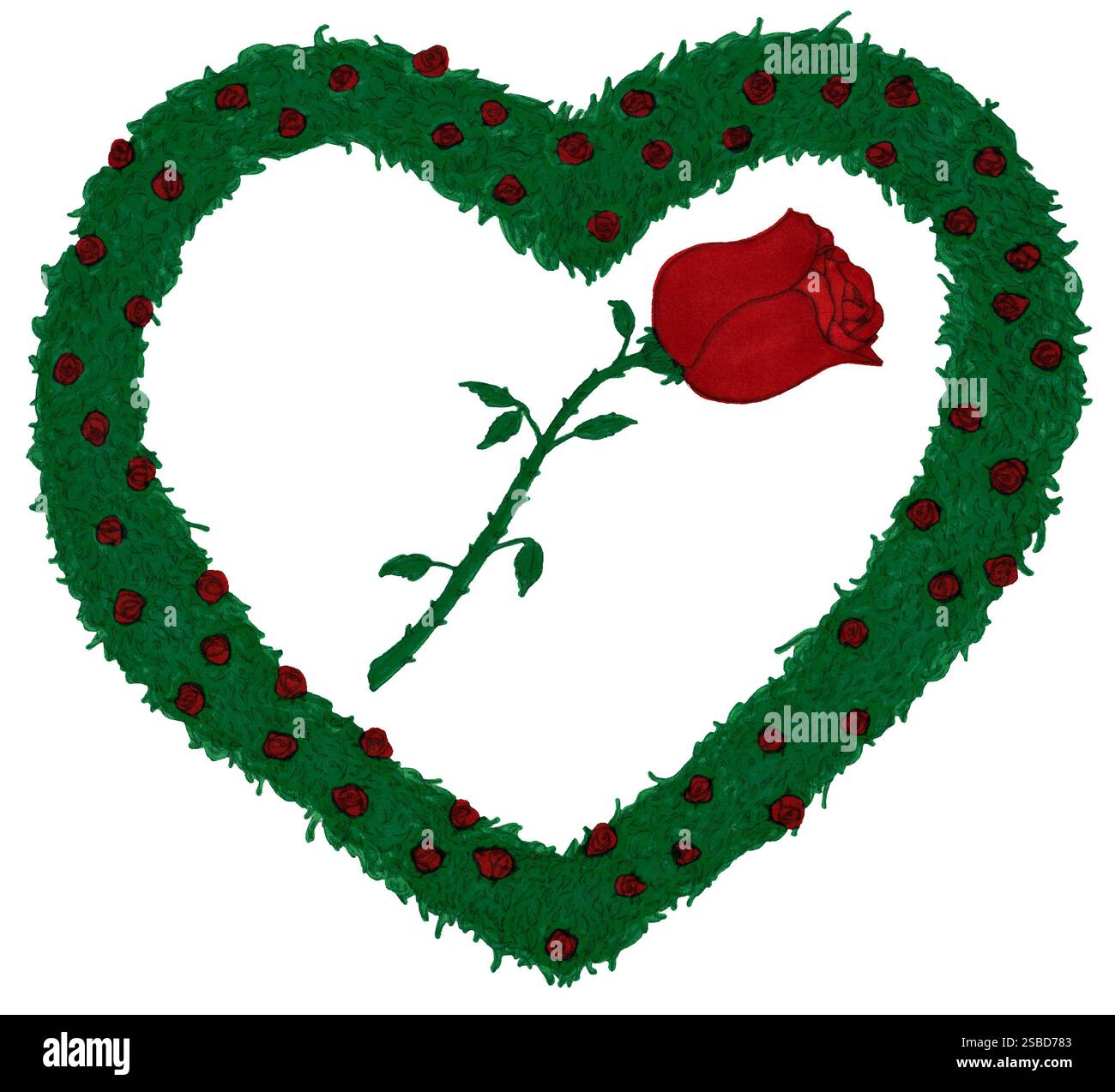 Une seule rose rouge avec tige et feuilles est entourée de beaucoup de petites roses avec des feuilles de rosiers disposées en forme de cœur. Banque D'Images