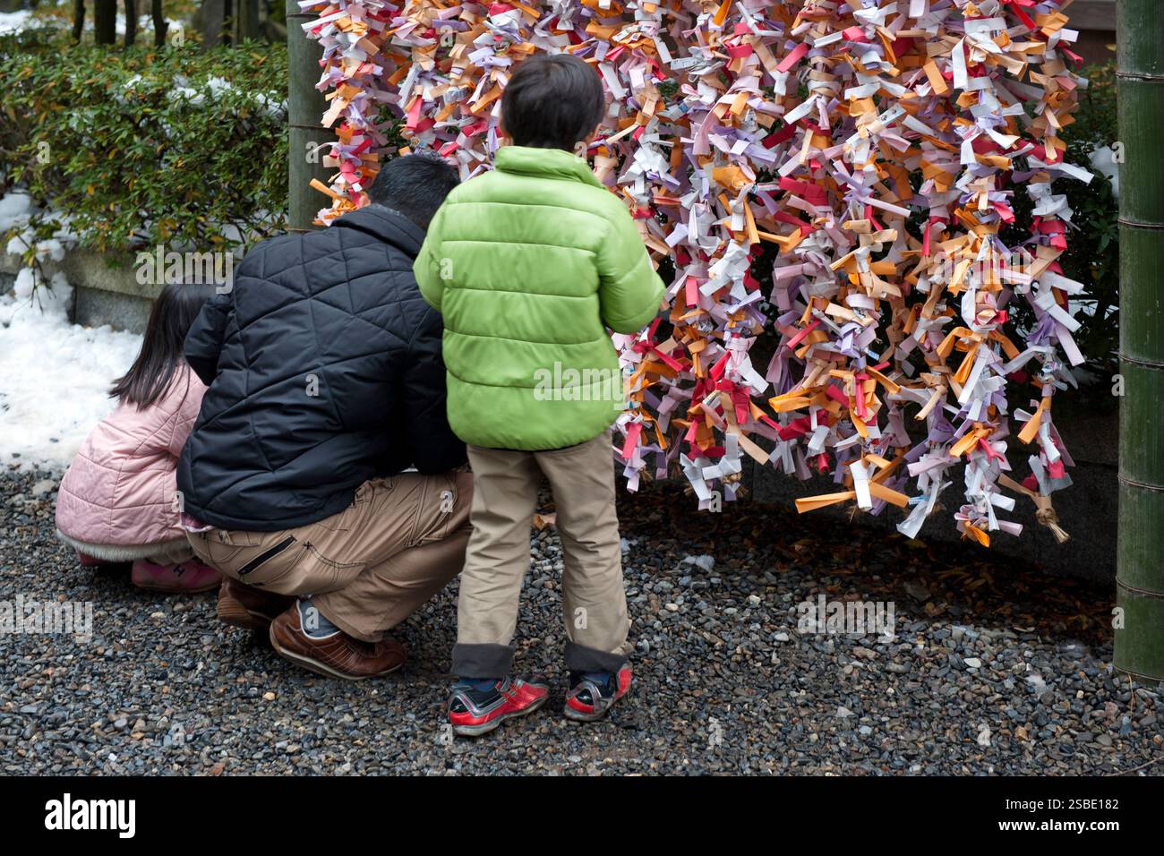 Les gens attachent leur 'omikuji' (oracle papier bonne ou mauvaise chance) à une ficelle pendant 'hatsumode' (visite du sanctuaire du nouvel an) à Taga Taisha, Hikone, Japon. Banque D'Images