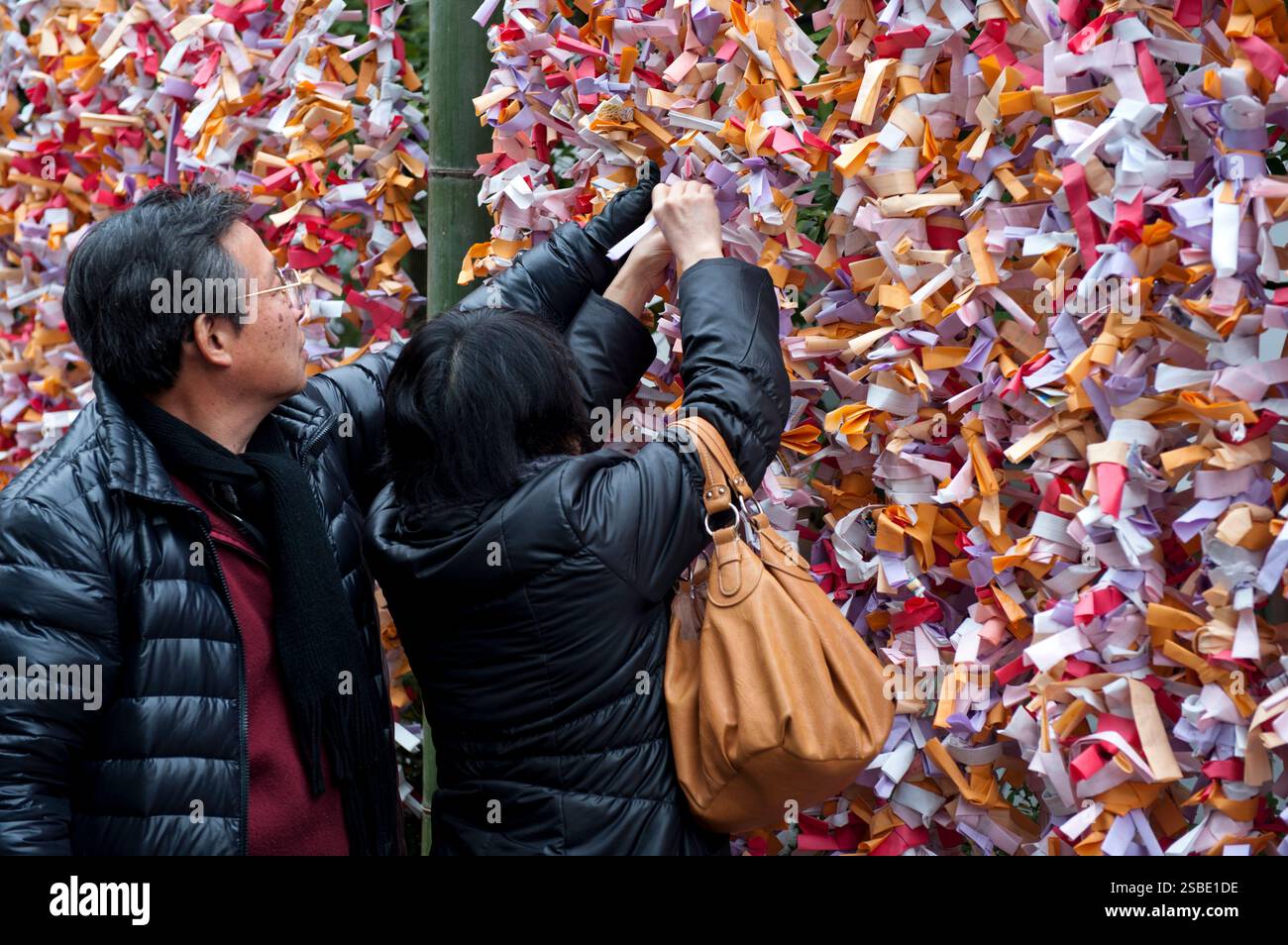 Les gens attachent leur 'omikuji' (oracle papier bonne ou mauvaise chance) à une ficelle pendant 'hatsumode' (visite du sanctuaire du nouvel an) à Taga Taisha, Hikone, Japon. Banque D'Images