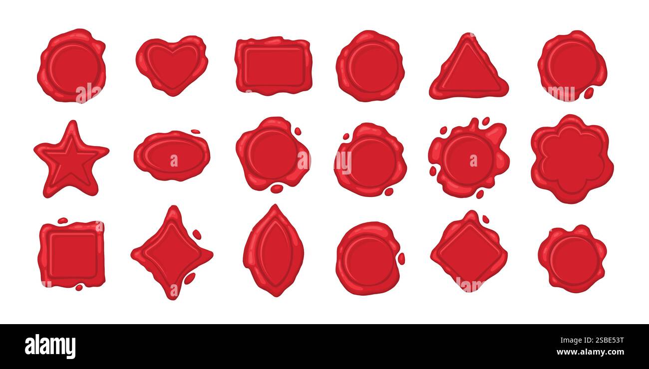 Timbres en cire de dessin animé. Timbre de sceau postal vintage, marques d'étiquette de cire rouge, ensemble d'illustration vectorielle plate de signet de poste médiéval. Les timbres postaux de paraffine collectionnent Illustration de Vecteur