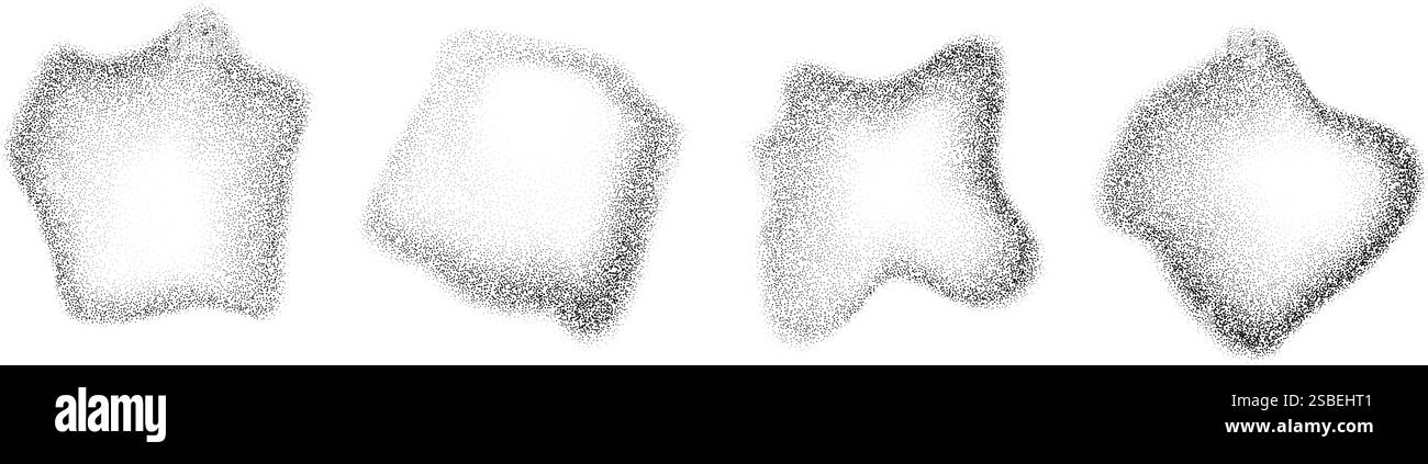 Formes de gouttes à gradient en pointillés fluides. Jeu d'objets liquides noirs pointillés. Taches et taches granuleuses. Des éclaboussures de bruit et des éclaboussures se forment. Dissoudre la texture de poussière de sable. Eléments demi-teintes à évanouissement vectoriel Illustration de Vecteur