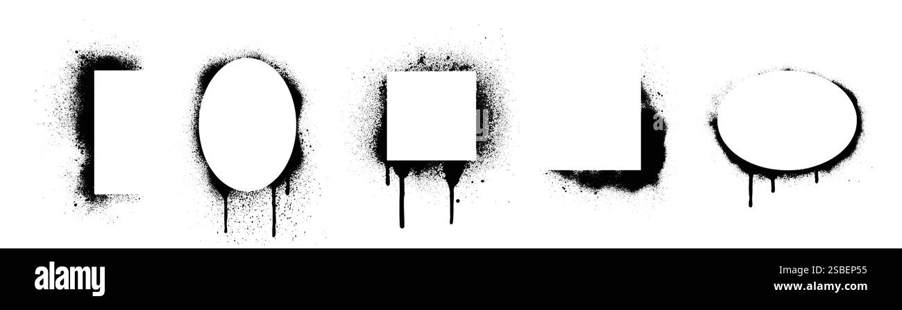 Bordures de cadre de pulvérisation de pochoir - formes de graffiti noirs avec de la peinture qui coule, des textures de surpulvérisation et des effets d'éclaboussures sur fond blanc. Éléments de design Street art. Formes géométriques urbaines abstraites. Illustration de Vecteur
