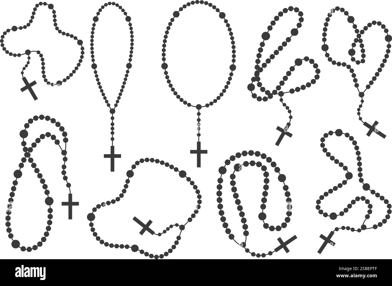 Perles de Rosaire avec croix. Collier de prière catholique isolé sur fond blanc. Chaîne chrétienne avec silhouettes crucifix. Bijoux religieux pour Illustration de Vecteur