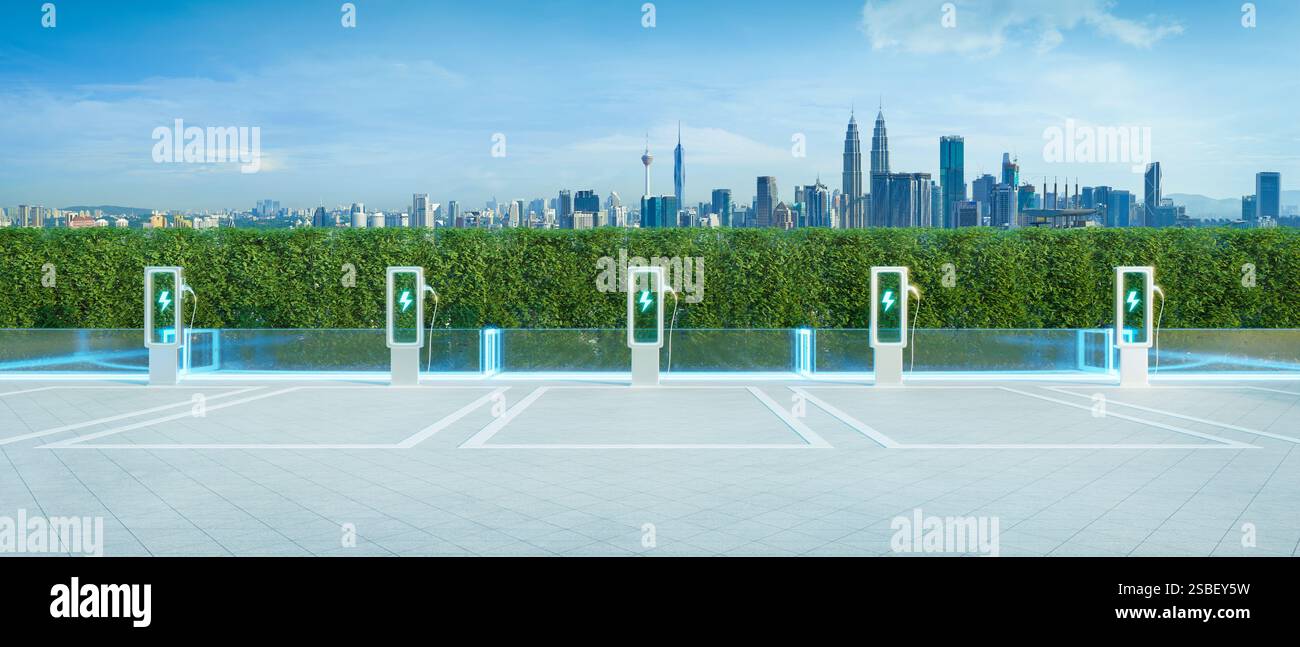 Les bornes de recharge pour véhicules électriques symbolisent l'énergie verte et la mobilité urbaine dans le contexte de kuala lumpur, promouvant des solutions de transport écologiques. Re. 3D Banque D'Images