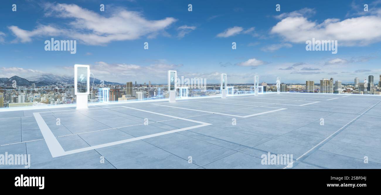 Parking vide sur le toit équipé de bornes de recharge ev donnant sur le paysage urbain de sapporo, mettant en valeur la mobilité urbaine durable. rendu 3d. Banque D'Images
