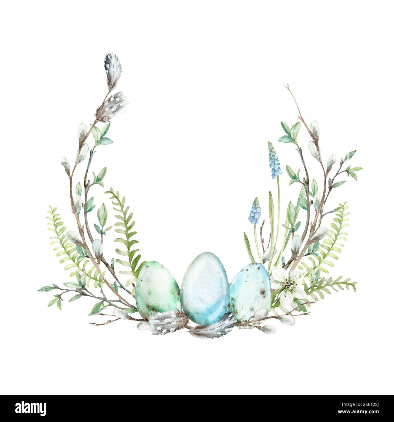 Couronne d'aquarelle de Pâques de feuilles de fougères, oeufs, plumes, brindilles, branches de saule, fleurs blanches Banque D'Images