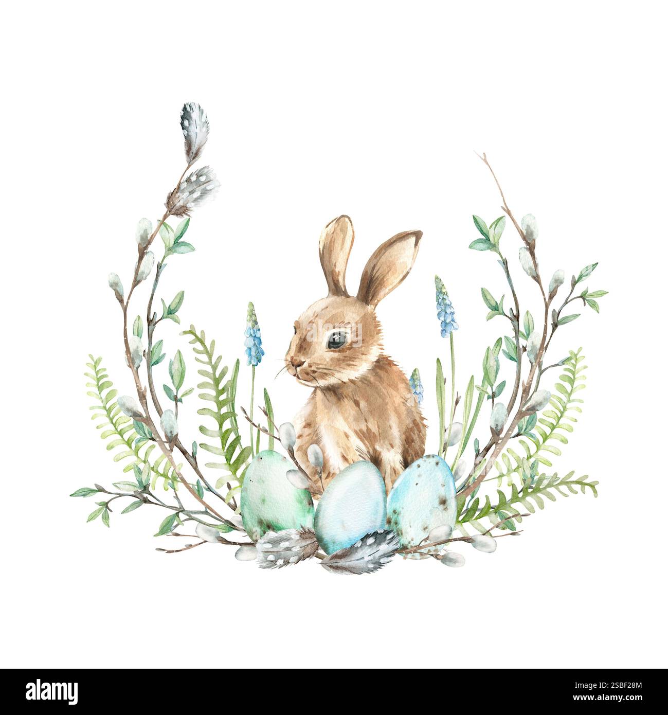 Composition d'aquarelle de Pâques avec lapin, œufs, fleurs d'hellebore et feuilles de fougères. Banque D'Images