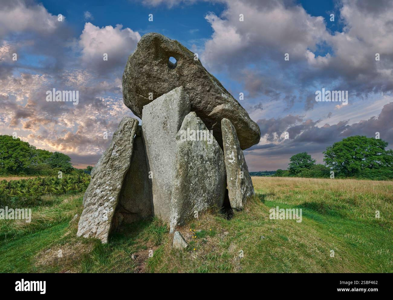Photo de Trethevy Quoit (maison des géants) chambre funéraire en pierre de l'âge néolithique debout, près de St Clear, Cornouailles, Angleterre. Banque D'Images