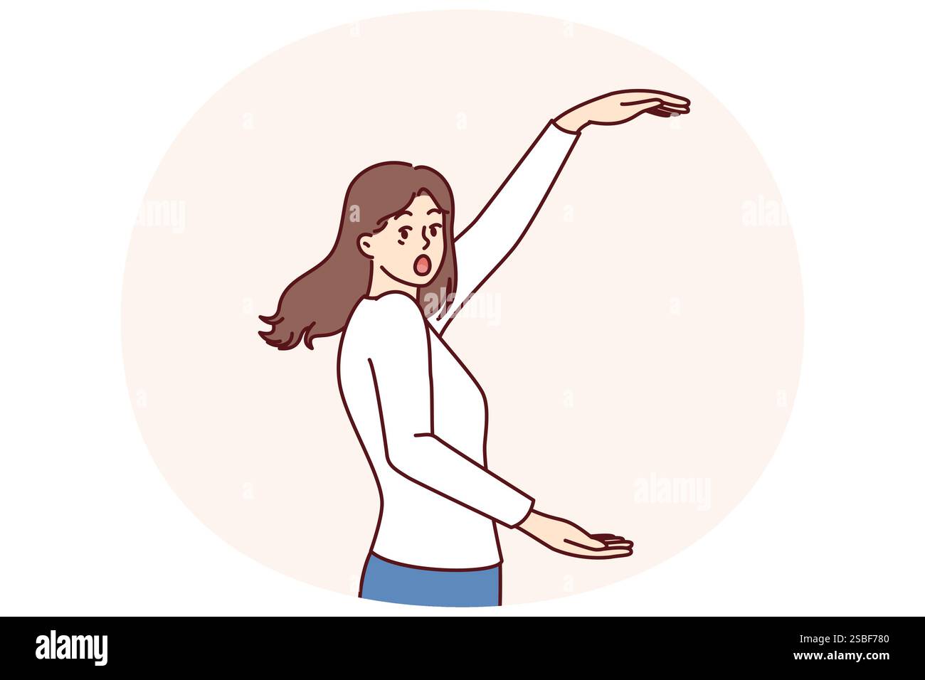 Une femme choquée se répand les bras et regarde l'écran montrant des réductions énormes pour faire du shopping le vendredi noir. Fille dans des vêtements décontractés est surpris d'apprendre au sujet de grandes réductions dans le centre commercial Illustration de Vecteur