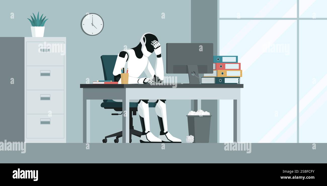 Robot ai déprimé assis au bureau et travaillant, concept d'échec ai Illustration de Vecteur