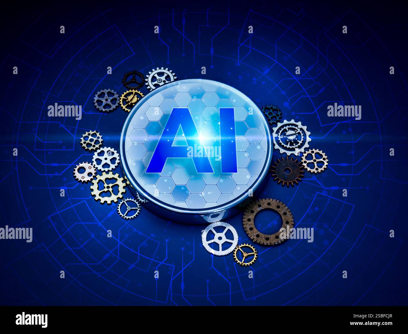Outils de gestion AI, concept d'automatisation des services d'assistant de technologie de développement. Icône AI sur le bouton chromé avec de petits engrenages et roues dentées sur le dos bleu Banque D'Images