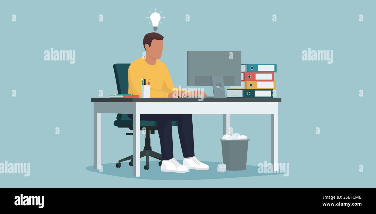 Jeune employé créatif efficace assis au bureau et travaillant avec un ordinateur Illustration de Vecteur