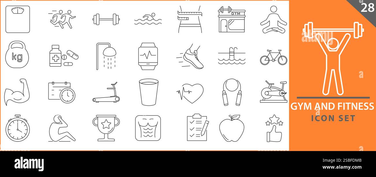 Jeu d'icônes de gymnastique et de fitness. Contenant des icônes de style de vie sain, de musculation, de soins du corps et d'entraînement ou d'équipement d'exercice. Définissez les icônes vector collectio Illustration de Vecteur