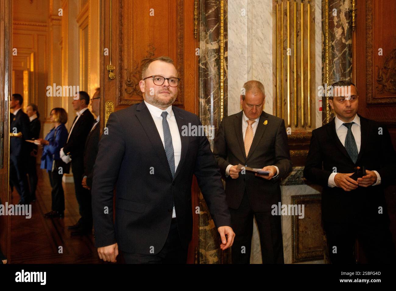 Bruxelles, Belgique. 03rd Feb, 2025. Le ministre de l’énergie Mathieu Bihet photographié lors de la cérémonie de serment du nouveau premier ministre et des membres du gouvernement fédéral au Palais Royal, lundi 03 février 2025, à Bruxelles. Les négociateurs des cinq partis qui composent la coalition de l'Arizona - la N-va, MR, engagés, Vooruit et CD&V - sont parvenus à un accord gouvernemental vendredi soir. BELGA PHOTO HATIM KAGHAT crédit : Belga News Agency/Alamy Live News Banque D'Images
